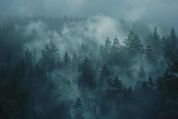 Misteriosa nebbia che rotola su una foresta oscura.