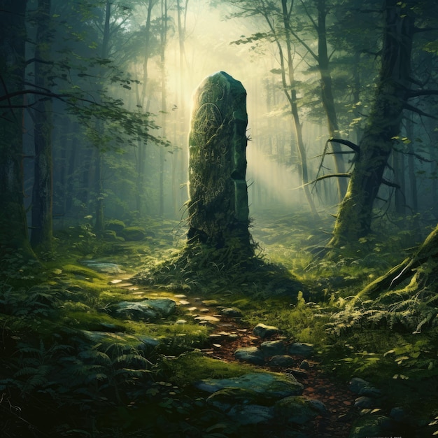 Misteriosa radura della foresta con un'antica pietra eretta