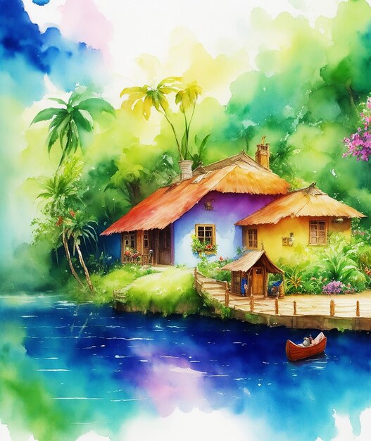 misteriosi uccelli cottage paradiso fiori foresta pluviale barca vernice soffice su carta immagine acquerello HD