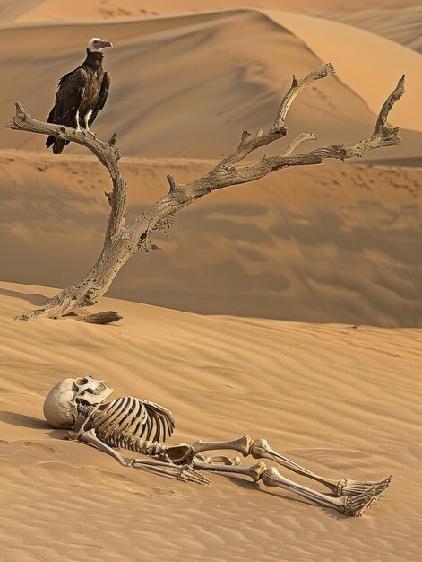 Misterioso avvoltoio che osserva lo scheletro umano nel paesaggio desertico