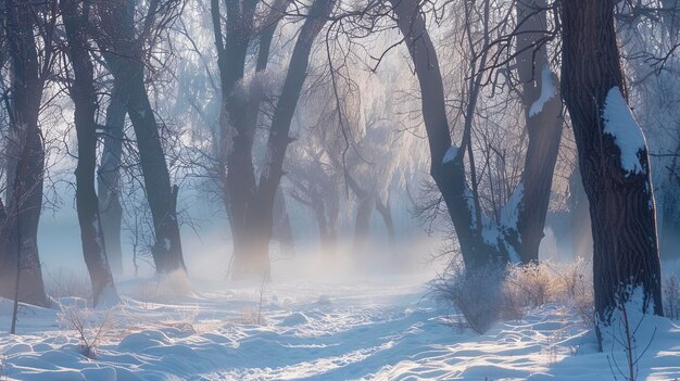 Misterioso bosco nebbioso sfuggente inverno sfondo