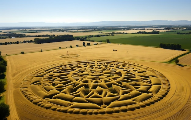 Misterioso cerchio nel grano Veduta aerea dell'enigmatica formazione del raccolto generata da Ai