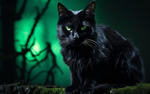 Misterioso gatto nero con occhi verdi luminosi sotto la luna piena