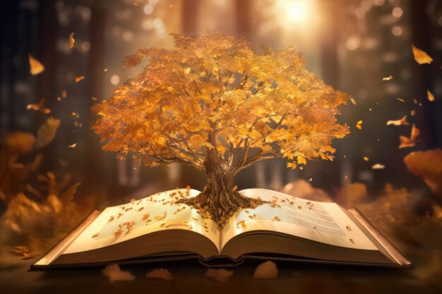 Misterioso libro aperto dalle pagine lucenti da cui emerge un albero magico con le stelle IA generativa
