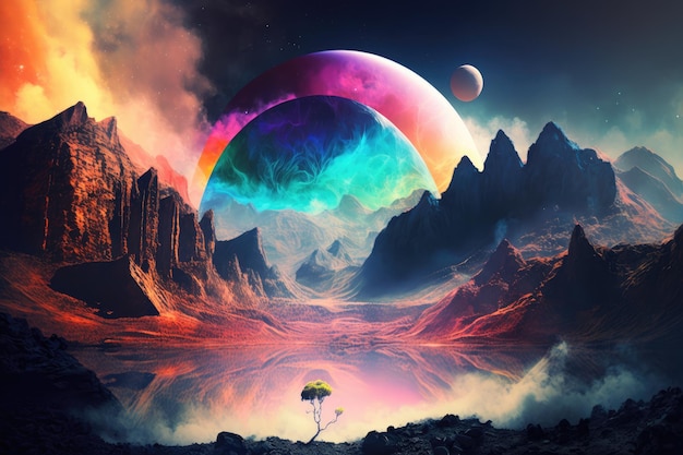 Misterioso paesaggio del pianeta digitale con nebbia arcobaleno e montagne futuristiche del mondo virtuale