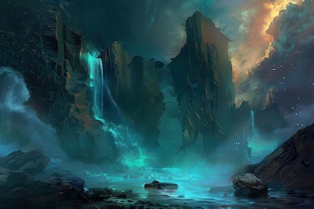 Misterioso paesaggio extraterrestre con cascate luminose e rocce galleggianti