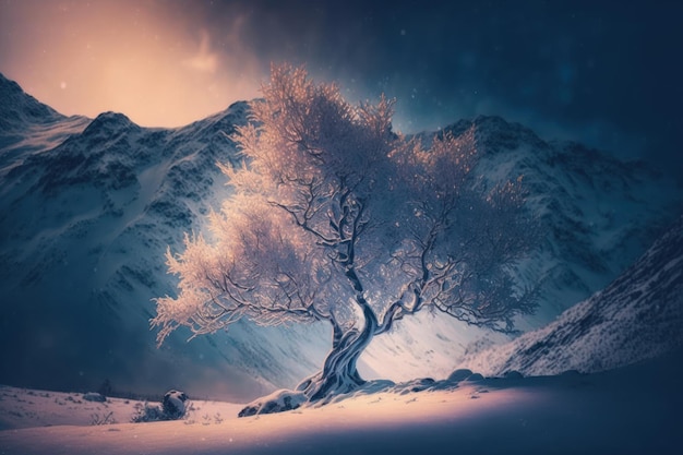 Misterioso paesaggio invernale di montagne maestose Bella immagine dell'illustrazione Generative AI