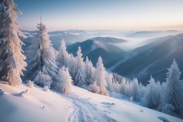 Misterioso paesaggio invernale maestose montagne in inverno inverno magico albero coperto di neve carpati ucraina