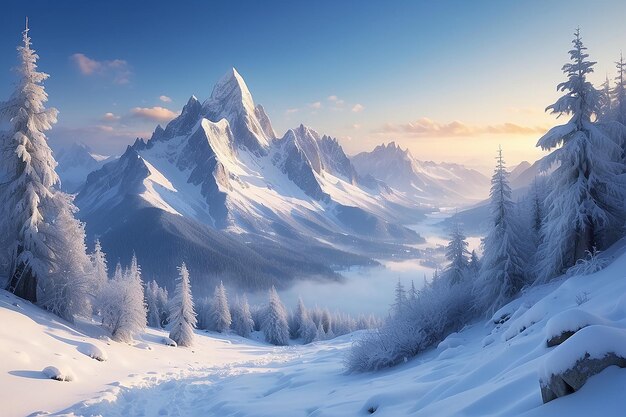 Misterioso paesaggio invernale maestose montagne in inverno