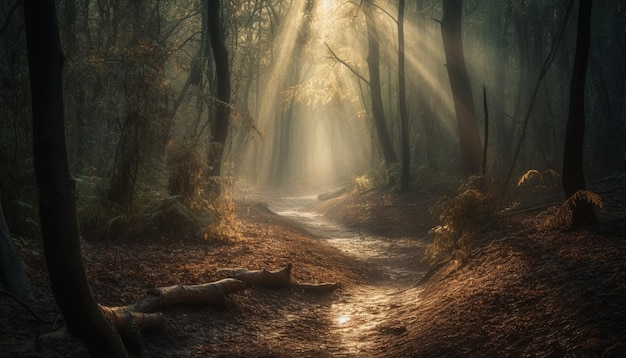 Misterioso sentiero nel bosco foglie autunnali bellezza spettrale generata dall'intelligenza artificiale
