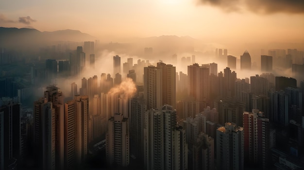 Misterioso skyline urbano all'alba con grattacieli di nebbia e paesaggio urbano panoramico