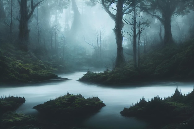 Mistero foresta profonda con immagine di sfondo fiume e nebbia