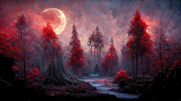 Mistero foresta profonda con luna rossa