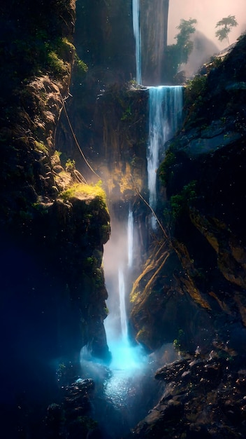 Mistica cascata magica in montagna