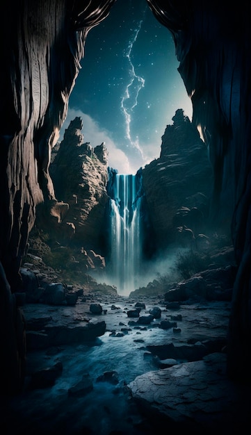 Mistica cascata magica in montagna