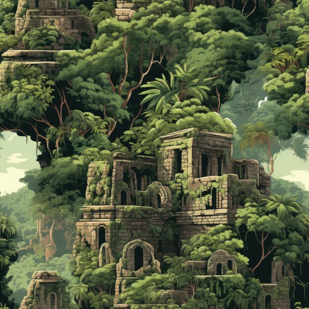 Mistiche antiche rovine in un ambiente da giungla
