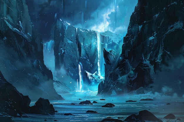 Mistiche cascate blu che scendono in cascata da alte scogliere ghiacciate in un lago ghiacciato