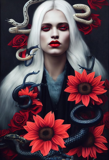 Mistico bellissimo uomo immaginario con serpenti Serpenti avvolti intorno a un uomo con fiori rossi rendering 3D