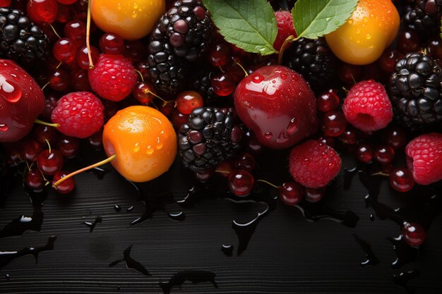 Misto di bacche fresche e frutta su sfondo nero in primo piano