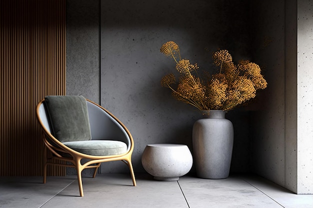 misto di cemento e legno parete fiore asciugato in vaso di cemento di fronte al muro armcha di design moderno