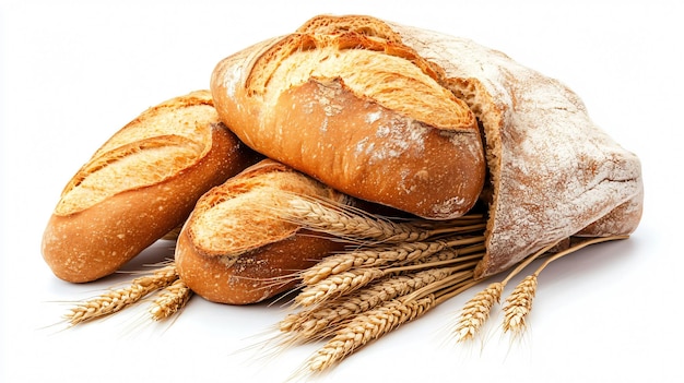 Misto di pane fresco cotto con orecchie di grano isolate su sfondo bianco