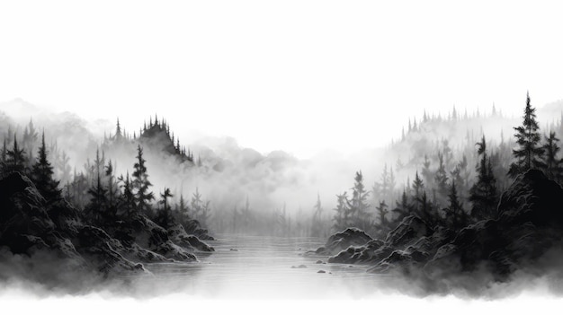 Misty Forest Pittura Zbrush dettagliata in bianco e nero