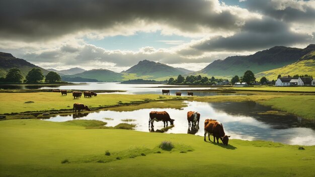 Misty Grazing Serene Cows di Plockton's Tranquil Waters