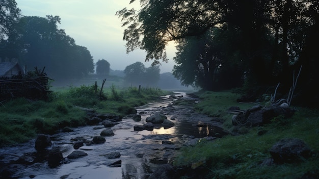 Misty Stream all'alba Una cattura fotorealista della natura