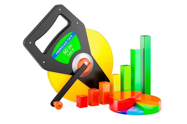 Misura del nastro con grafico a barre di crescita e grafico a torta rendering 3D isolato su sfondo bianco