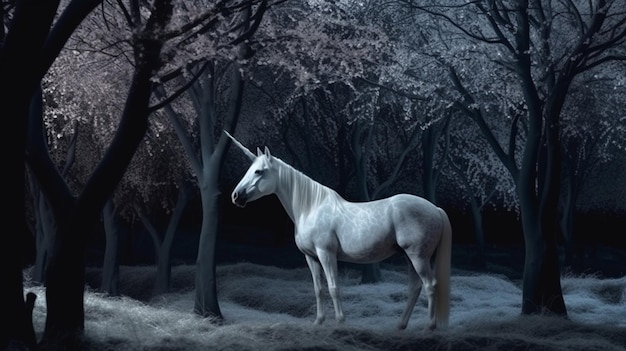 Mitico unicorno bianco Unicorno bianco nella notte oscura della foresta magica con glitter ai generativo