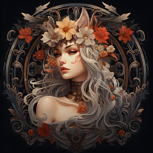 Mitologia norrena di Freyja in una cornice decorata con foglie
