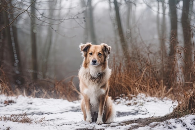 Mix di cani nel bosco ghiacciato