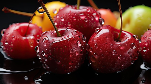 Mix di frutta fresca estiva con gocce d'acqua su sfondo nero Primo piano