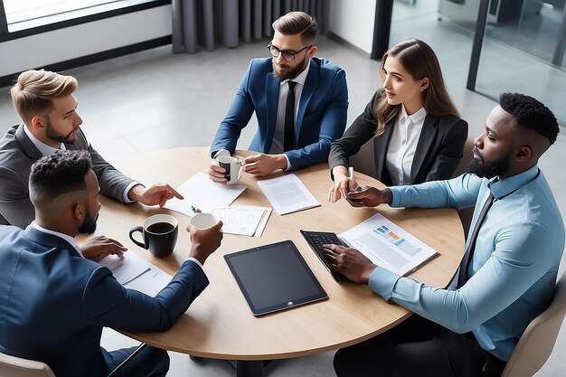 Mix race squadra di uomini d'affari seduti a tavola rotonda a discutere e bere caffè durante la conferenza riunione lavoro di squadra