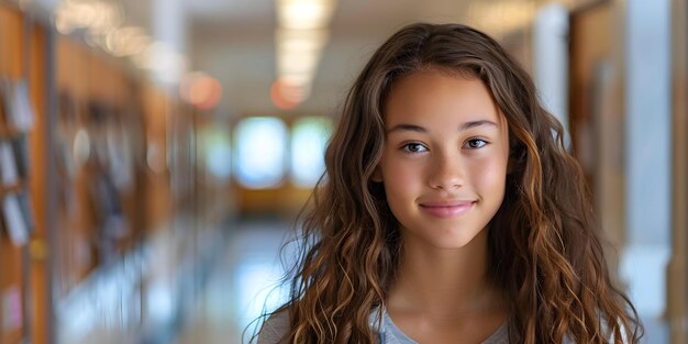 Mixedrace sorridente Adolescente nel corridoio della scuola con spazio per il testo Concetto scolastico Adolescente Mixedrace sorridente corridoio