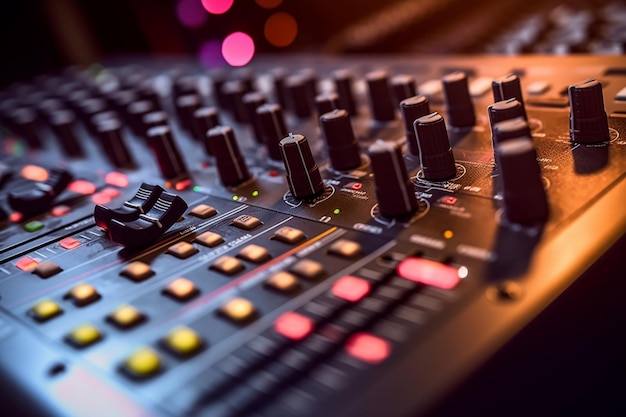 Mixer audio Console di missaggio audio professionale con pulsanti luci, fader e cursori AI generativa