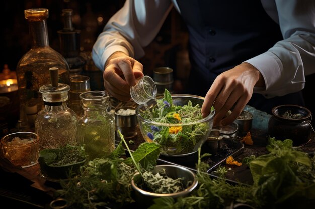 Mixologo che crea un rinfrescante gin tonic con sostanze botaniche IA generativa