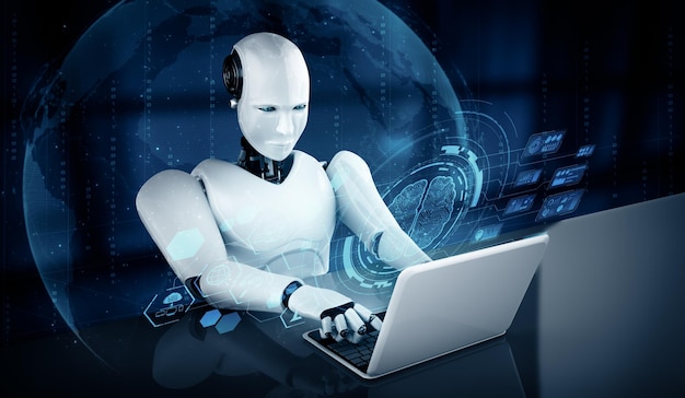 Mlb robot humanoid use laptop and sit at table for big data analytic