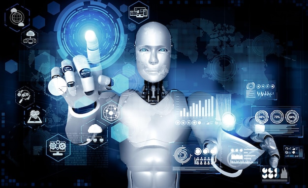 mlp ai humanoid robot touching hologram screen shows concept of global communication