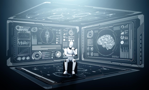 Mlp pensante ai robot umanoide che analizza hologramma schermo che mostra concetto big data