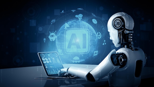 mlp robot humanoid use laptop and sit at table in concept of ai thinking brain