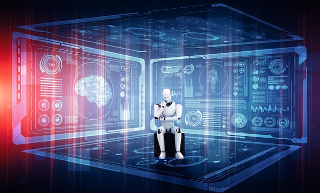 MLP Thinking AI robot umanoide che analizza hologramma schermo che mostra concetto big data
