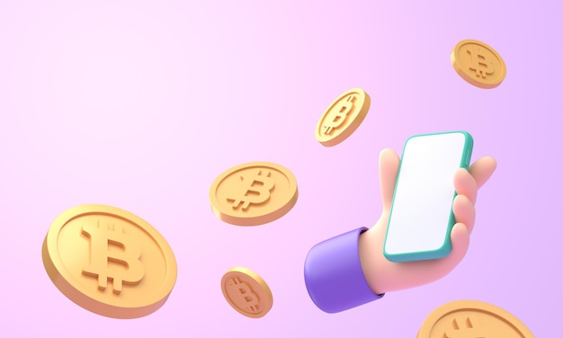Mobile con icone 3D Bitcoin Illustrazione 3D