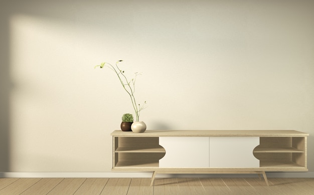 Mobile in legno nella moderna stanza vuota giapponese - stile zen, design minimale. Rendering 3D