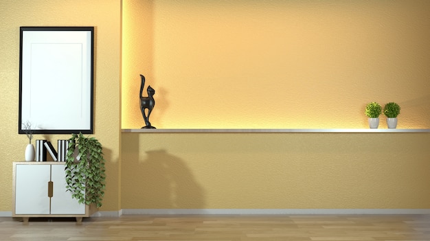 Mobile in moderno salotto zen con decoro in stile zen su parete gialla design luce nascosta.