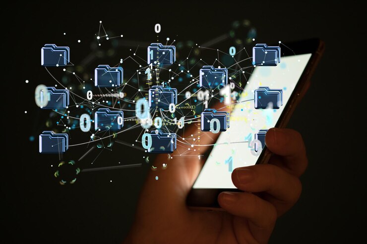Photo mobile phone displaying 3d render of big data cloud digital