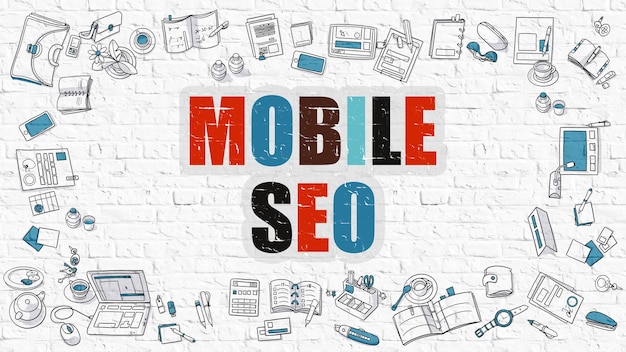 Mobile SEO Search Engine Optimization Multicolor Concept con Doodle icone intorno su sfondo bianco muro di mattoni Illustrazione moderna con elementi di Doodle Design Style