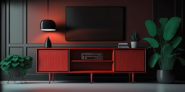 Mobile TV con interni dal design minimal moderno rosso e nero Rendering 3D interno minimalista