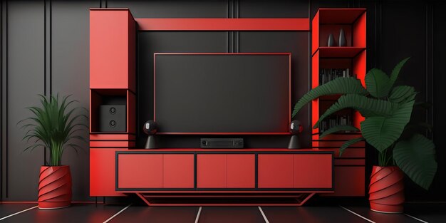 Mobile TV con interni dal design minimal moderno rosso e nero Rendering 3D interno minimalista