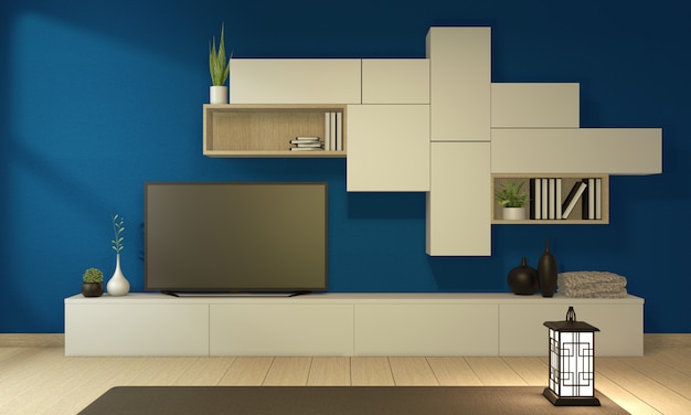 Mobile TV in moderna stanza vuota blu scuro giapponese - stile zen, design minimale. Rendering 3D